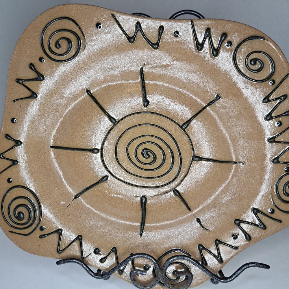 Pottery platter brown with dark decor lines unique piece by S. Dakovic